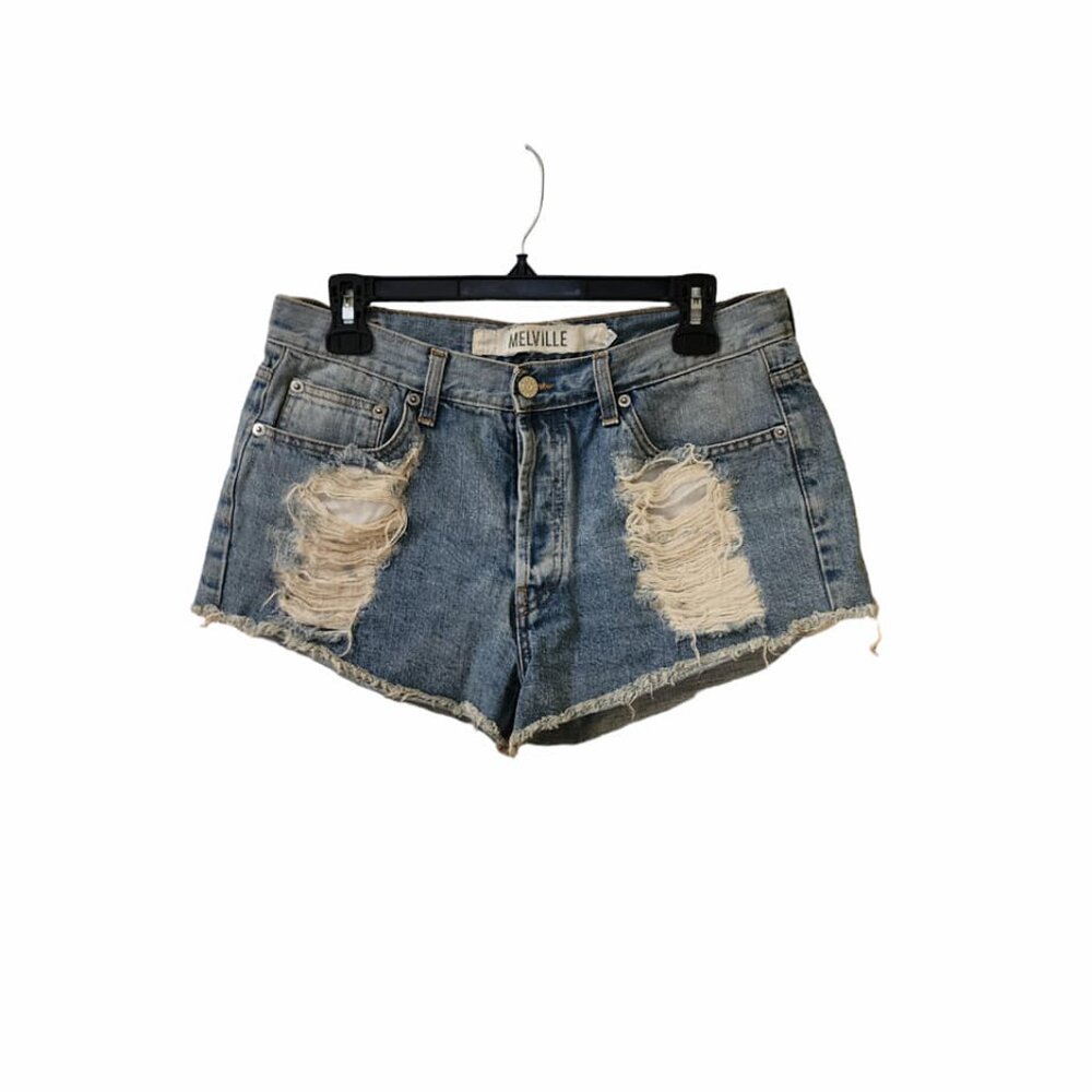 Melville Button Fly Distressed Denim Frayed Jean Shorts Size 44 Italian Sizing